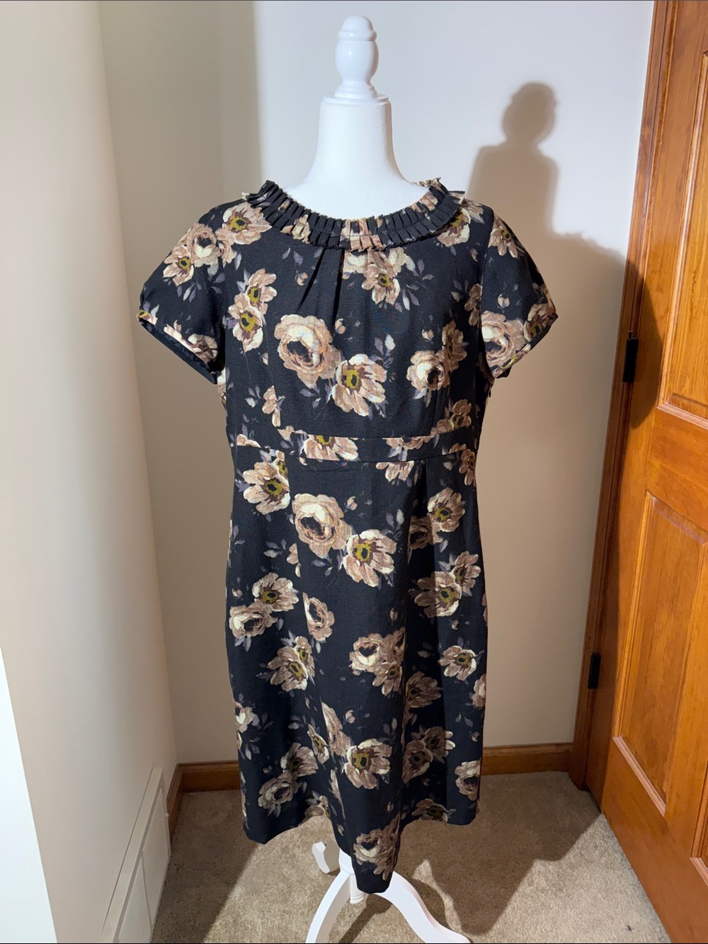 Boden Black Floral Pleated-Neck Midi Dress